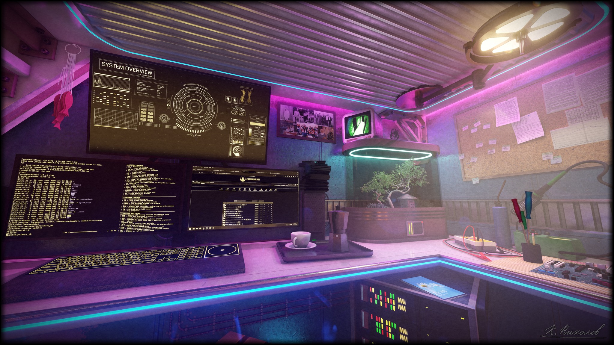 The meme is an image of a futuristic-looking computer room, with multiple screens and a desk in the center. The text on the screens reads "System Overview" and "System Down", with a "System Down" error message on one screen. The image is a humorous representation of a computer system that is failing, with the "System Down" message implying that the system is not functioning properly.